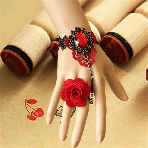 Gothic Black Lace Wristband Ruby Embellishment Bracelet With Red Rose