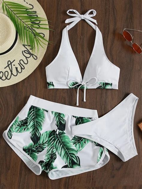 Pcs Leaf Print Bikini With Shorts Fashion Summer Beach Swimsuit Womens Clothing Cjdropshipping
