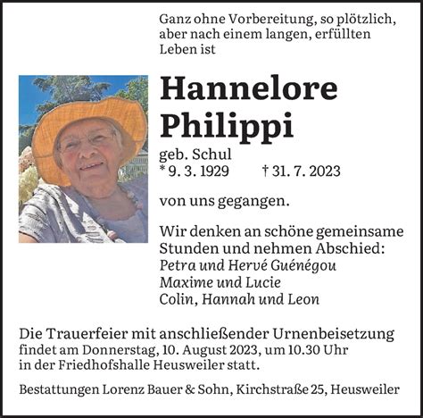 Traueranzeigen Von Hannelore Philippi Saarbruecker Zeitung Trauer De