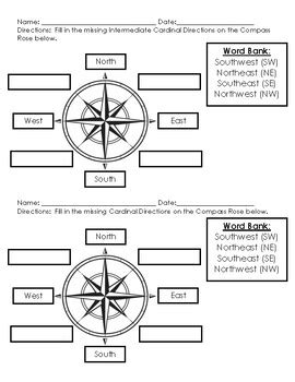 Compass Rose Sheet Fill In Intermediate Cardinal Directions TPT