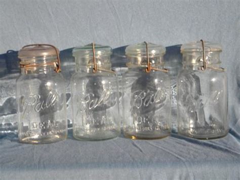 Antique 1908 Ball Ideal Canning Jars Glass Lightning Lids W Wire Bails