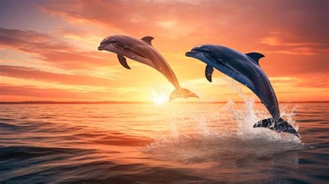 Delfines Saltando Del Agua Al Atardecer Foto Premium