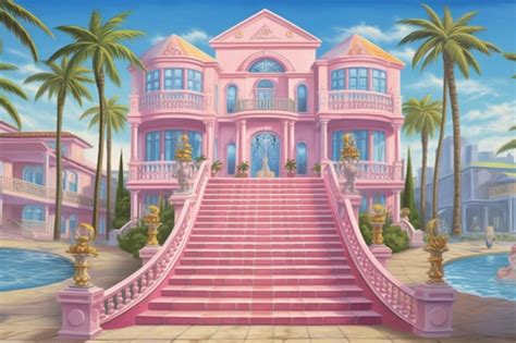 Premium Ai Image A Painting Of A Pink Mansion With A Staircase