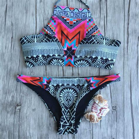 Bohemian Style Print Halter Padded Bikini Set On Luulla