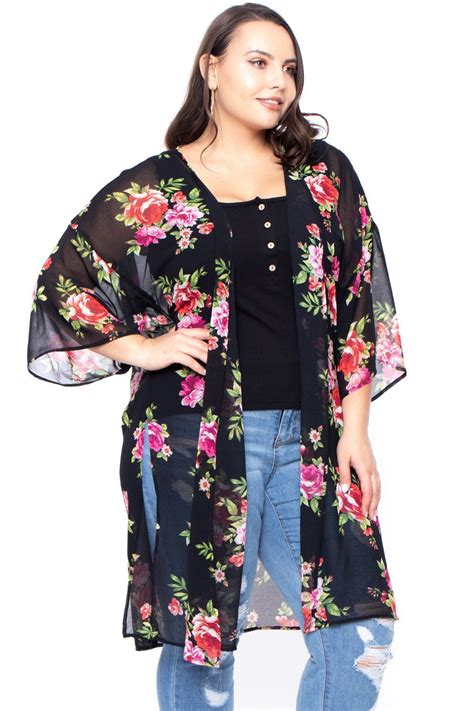 Plus Size Sheer Floral Print Kimono Black Curvy Sense Black Floral