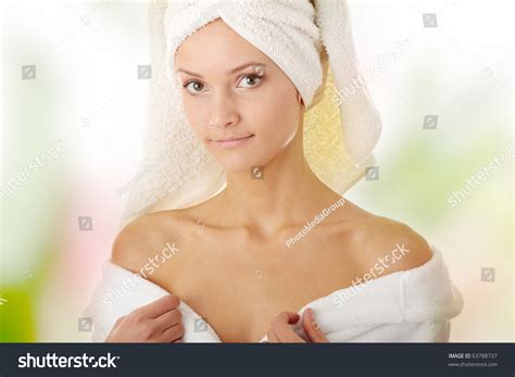 Relax Concept Beautiful Nude Woman With Soft Skin In Bathrobe Stock