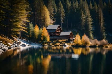 Premium Photo | A cabin by the lake in the forest