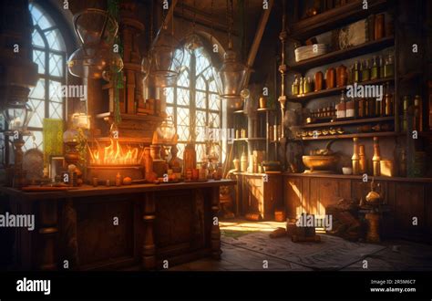 Laboratorio medieval de magia de fantasía: Arte del juego con haz de ...