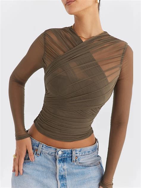 Mozision Camiseta De Malla Transparente De Manga Larga Para Mujer Blusa