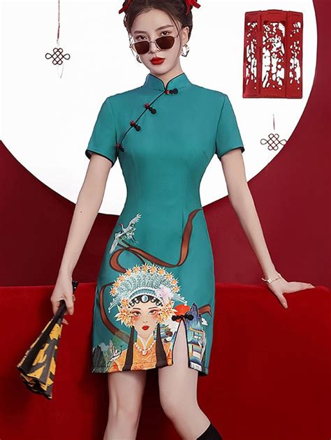 Blue Peking Opera Print Cheongsam Qipao Dress CozyLadyWear