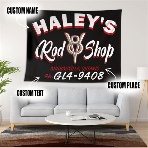 Personalized V Pinstripe Hot Rod Shop Garage Tapestry Wall Art Dingmun