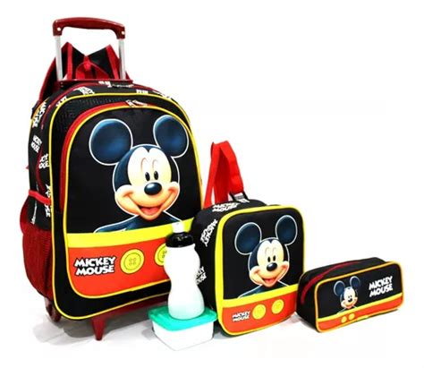 Kit Mochila Escolar Mickey Mouse Botton Rodinha G Infantil