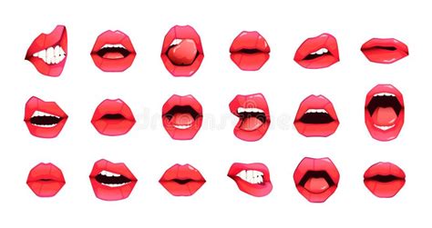 Red Female Lips Cartoon Woman Mouth With Different Emotions Kiss Smile