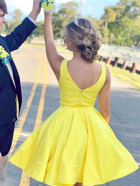 A Line V Neck Short Yellow Prom Dresses Short Yellow Formal Homecomin