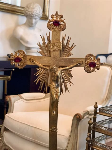 Th Century Antique Gilded Bronze Standing Inri Crucifix European