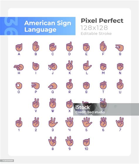 American Sign Language Pixel Perfect Rgb Color Icons Set Stock