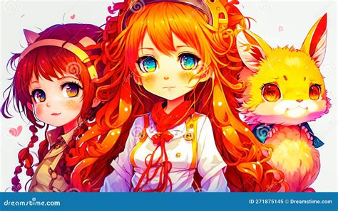 Three Anime Characters with Red Hair and Orange Eyes. Generative AI ...