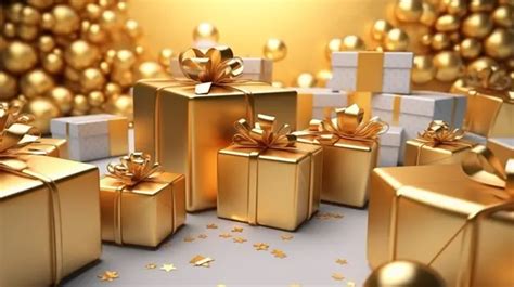 Realistic Gold Gift Box With Ribbon 3d Rendering Realistic Gold Gift