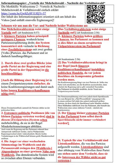 Sozistunde F Mehrheitswahl Und Verh Ltniswahl Vor Und Nachteile