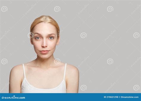 Cute Woman With Blonde Ponytail Isolated On Grey Background Beauty Cosmetics Skincare
