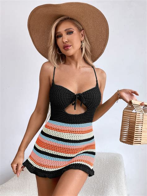 Shein Swim Bohofeel Vestido De Cobertura Bloco De Cores Oca Amarrar As