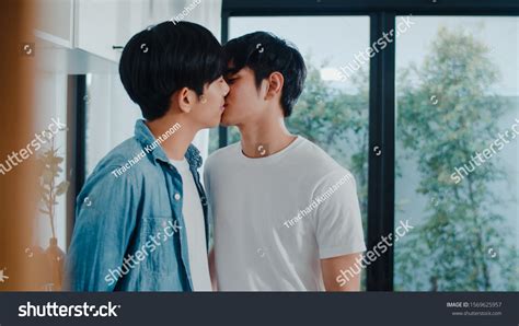 Asian Gay Couple Standing Hugging Room Stock Photo Shutterstock