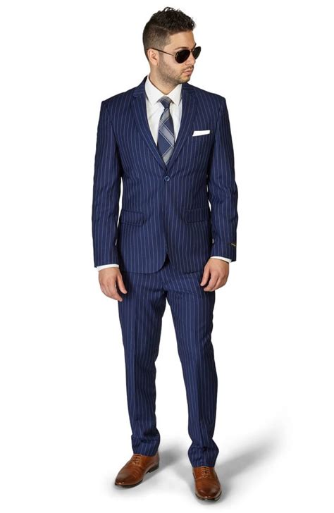 Slim Fit Button Navy Blue Notch Lapel Pinstripe Suit Zarman