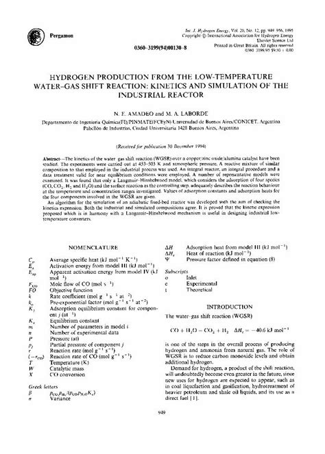 Pdf Hydrogen Production From The Low Temperature Water Gas Shift