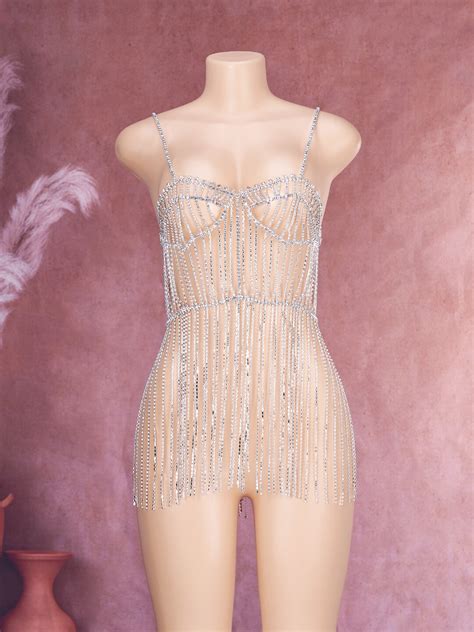 Silver Body Chain For Woman S Ideal Ornament Sexy Mesh Bikini Bra Jewelry Striped Crystals