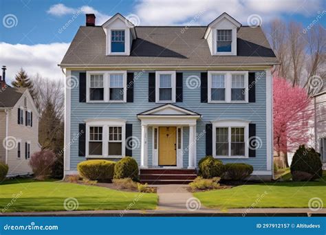 A Two Story Colonial Revival Home With A Gambrel Roof Captured From The