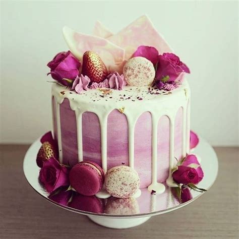 Drip Cakes With Macaroons Edible Flowers And Fresh Fruits Beautiful