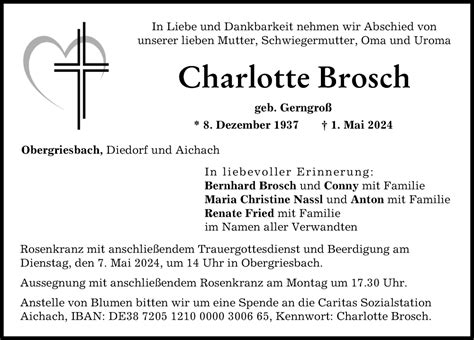 Traueranzeigen Von Charlotte Brosch Augsburger Allgemeine Zeitung