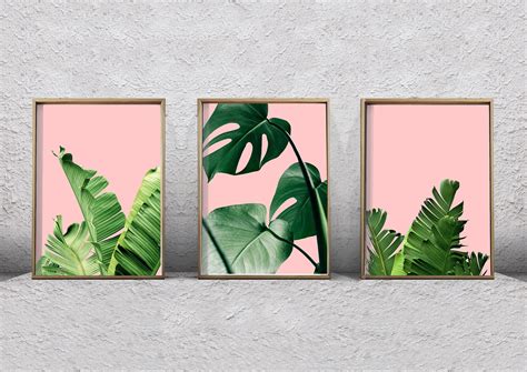 Set Of 3 Leaf Prints Foliage Pink Green Wall Art Banana Leaf Etsy