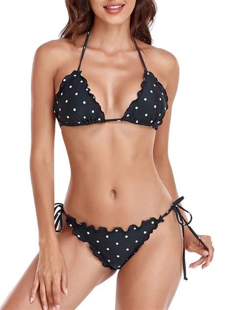Relleciga Women S Wavy Triangle Bikini Set Brazilian Swimwear Large Black Polka Dot For Sale