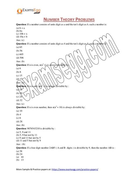 Basic Number Theory Questions For Practice By Examsegg