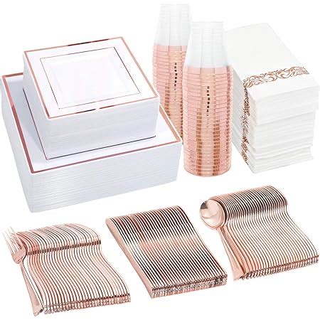 Amazon Wdf Pcs Rose Gold Plates With Disposable Silverware