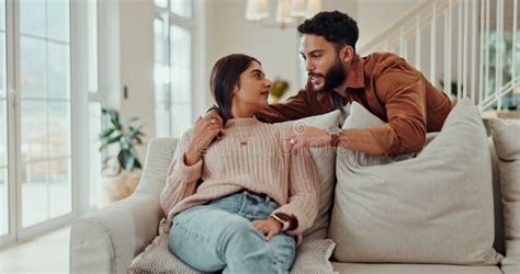 Kiss Happy And Couple On Sofa For Talking Loving Relationship And