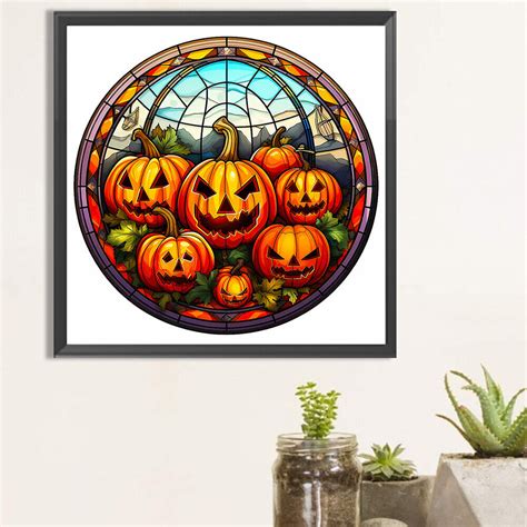 D Diy Full Round Drill Diamond Painting Glass Halloween Pumpkin Kit