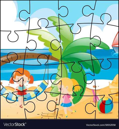 Jigsaw puzzle game with girls on the beach Vector Image