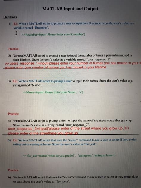 Solved Matlab Input And Output Questions 1 Ex Write A