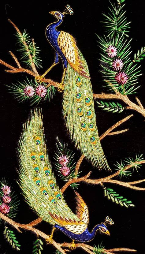 "Dancing peacocks embroidered wall art. Two peacocks expertly hand ...