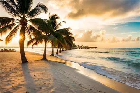 Premium AI Image | palm trees on the beach at sunset