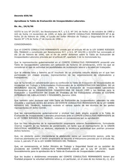 Decreto 659 96 Apruébase la Tabla de Evaluación de Incapacidades