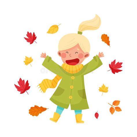 Funny Boy In Raincoat Playing In Puddle Enjoying Autumn Weather Vector Flat Illustration