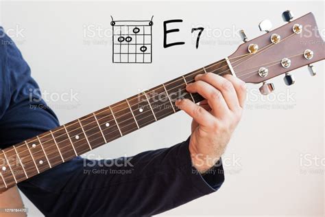 Man Playing Guitar Chords Displayed On Whiteboard Chord E 7 Stock Photo