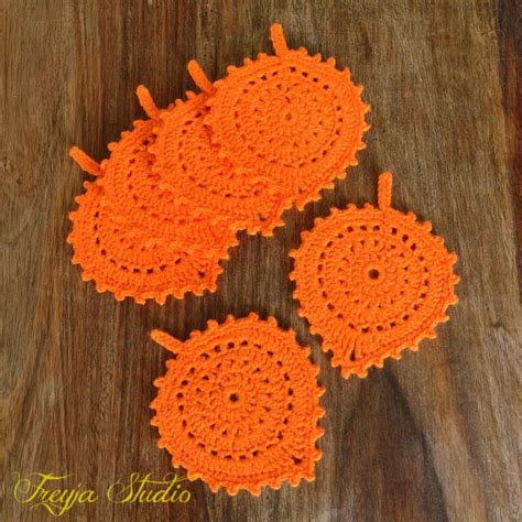 Crocheted Orange Mini Coasters Set 6 Pc Autumn Leaves Mini Doilies By