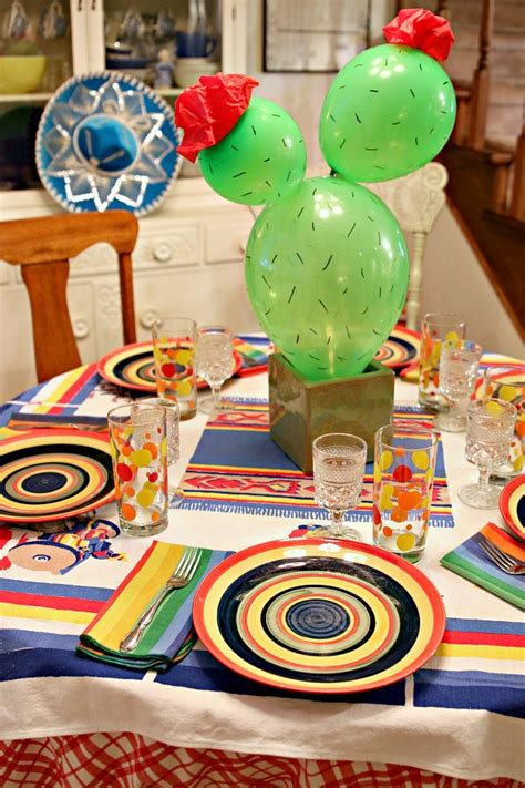 Mexican Dinner Tablescape With Balloon Cactus Centerpiece Dimples And