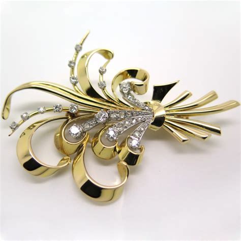 Bijou Broche Gerbe En Or Platine Et Diamants