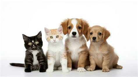 Group Of Different Pets Two Puppies And Two Kittens Sitting Next To