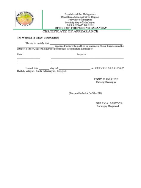 Certificate Of Appearance Barangay Balili Office Of The Punong Barangay Pdf Philippines